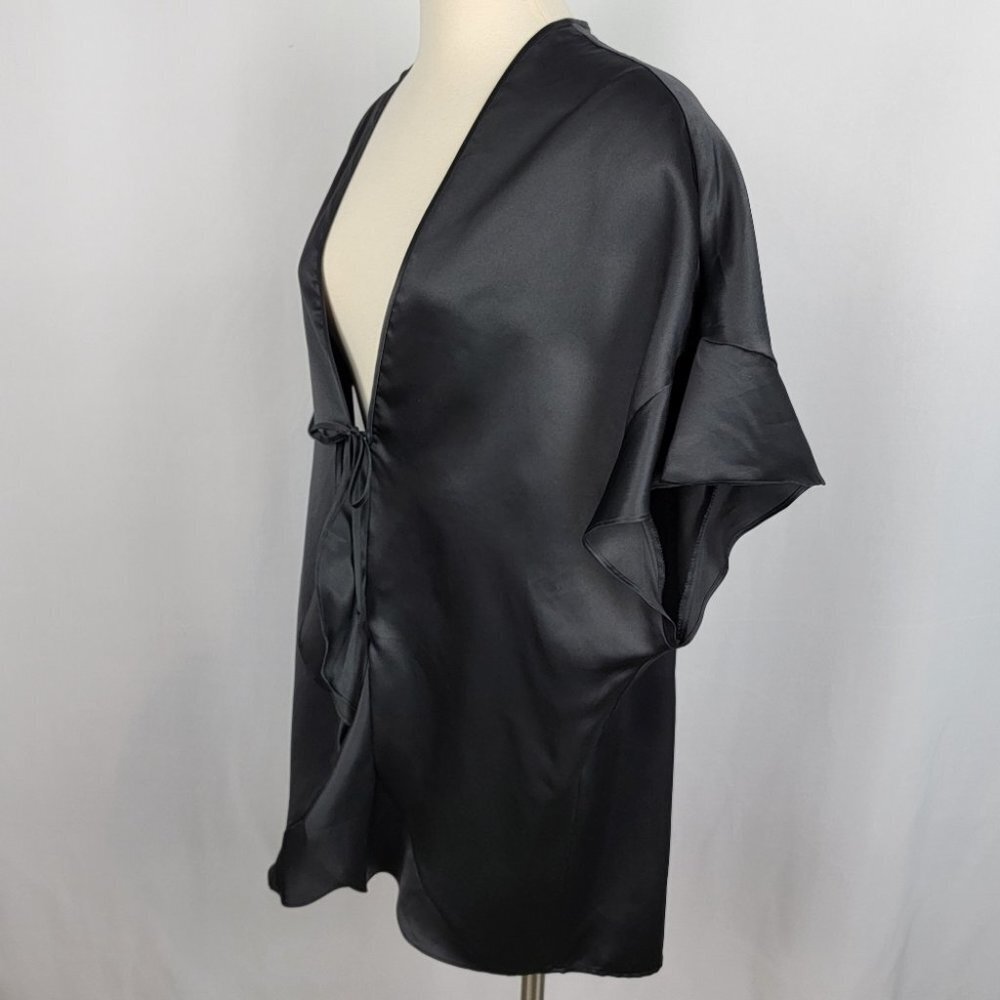 Victorias Secret Kimono Robe Womens One Size Black Satin Ruffle Tie Front Cover - Picture 10 of 15